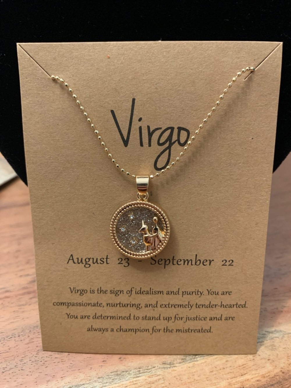Virgo Gold Tone Pendant Necklace with Sparkle Disc